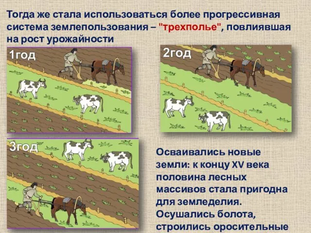 Тогда же стала использоваться более прогрессивная система землепользования – "трехполье", повлиявшая