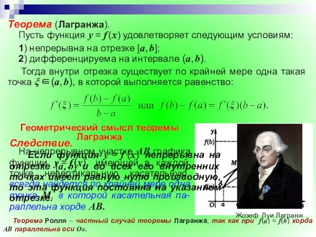 Следствие. Если функция y = f (x) непрерывна на отрезке [а,