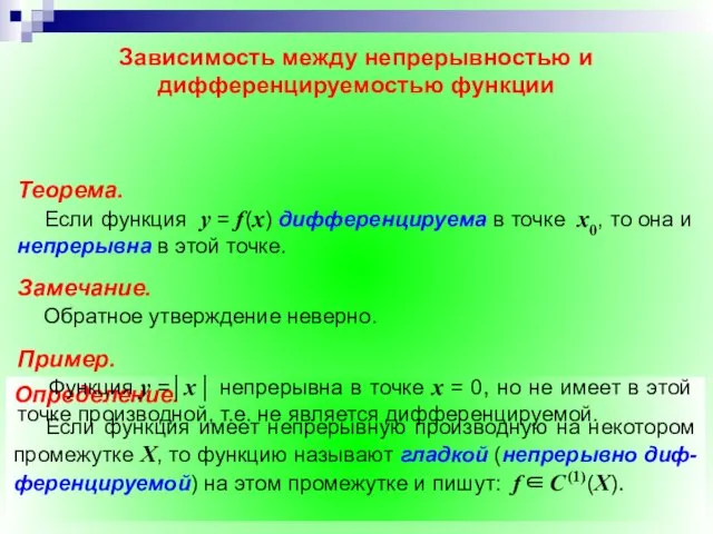 Определение. Если функция y = f (x) имеет производную в каждой