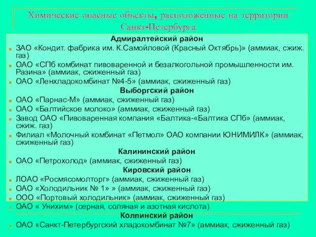 Химические опасные объекты, расположенные на территории Санкт-Петербурга Адмиралтейский район ЗАО «Кондит.