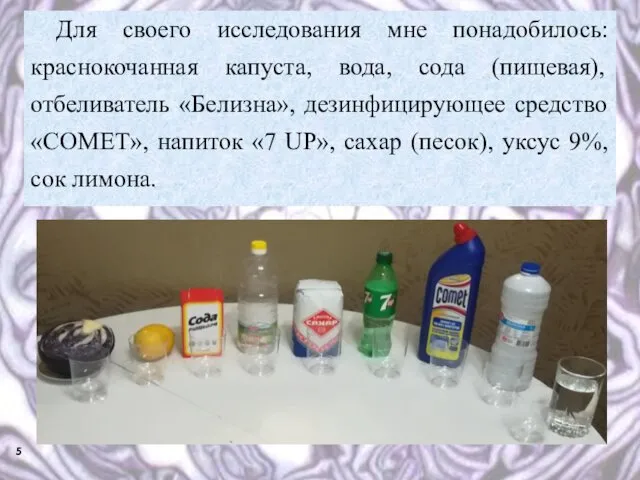 Для своего исследования мне понадобилось: краснокочанная капуста, вода, сода (пищевая), отбеливатель