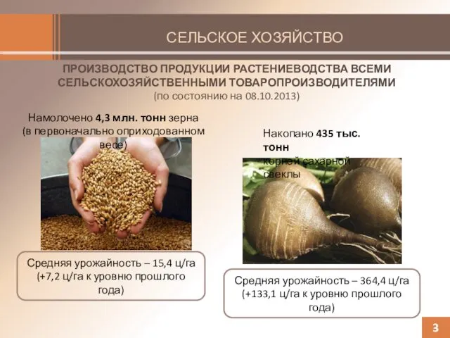 3 Намолочено 4,3 млн. тонн зерна (в первоначально оприходованном весе) Средняя