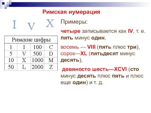 Римская нумерация Примеры: четыре записывается как IV, т. е. пять минус