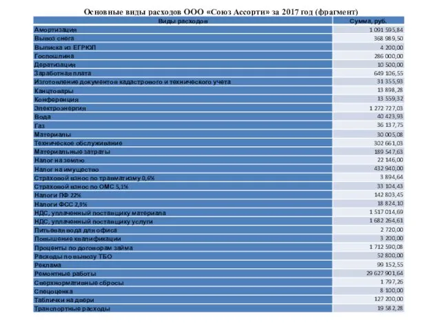 Основные виды расходов ООО «Союз Ассорти» за 2017 год (фрагмент)