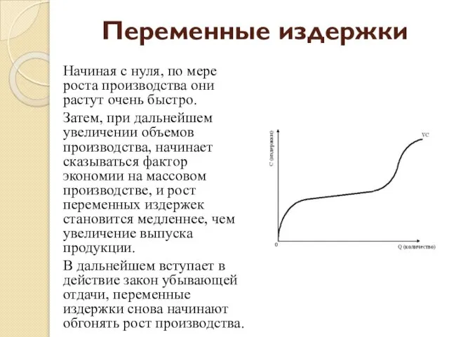 Переменные издержки Начиная с нуля, по мере роста производства они растут