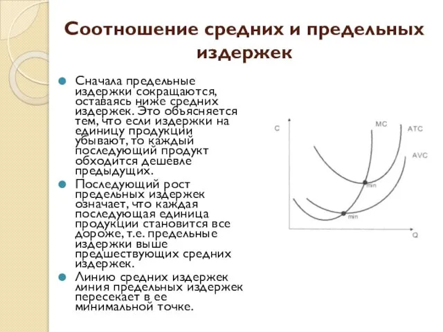 Соотношение средних и предельных издержек Сначала предельные издержки сокращаются, оставаясь ниже