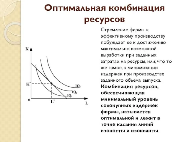 Оптимальная комбинация ресурсов Стремление фирмы к эффективному производству побуждает ее к