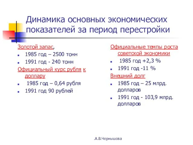 Динамика основных экономических показателей за период перестройки Золотой запас, 1985 год