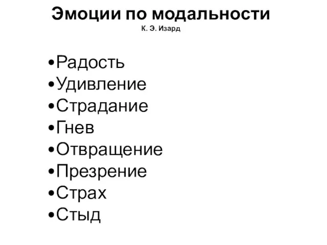 Эмоции по модальности К. Э. Изард Радость Удивление Страдание Гнев Отвращение Презрение Страх Стыд