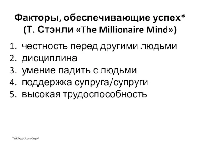 Факторы, обеспечивающие успех* (Т. Стэнли «The Millionaire Mind») честность перед другими