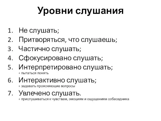 Уровни слушания Не слушать; Притворяться, что слушаешь; Частично слушать; Сфокусировано слушать;