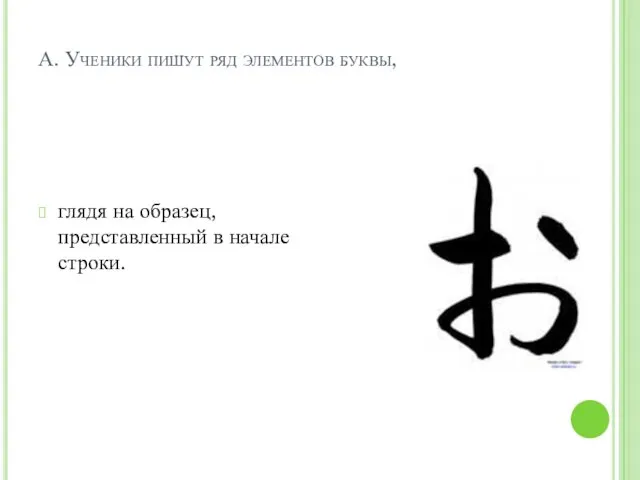 А. Ученики пишут ряд элементов буквы, глядя на образец, представленный в начале строки.