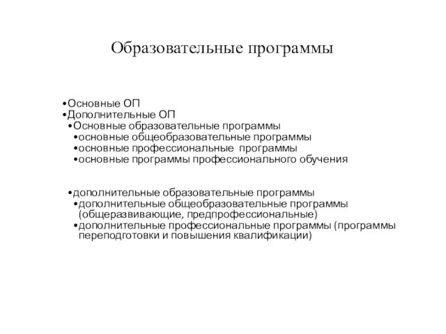 Образовательные программы Основные ОП Дополнительные ОП Основные образовательные программы основные общеобразовательные