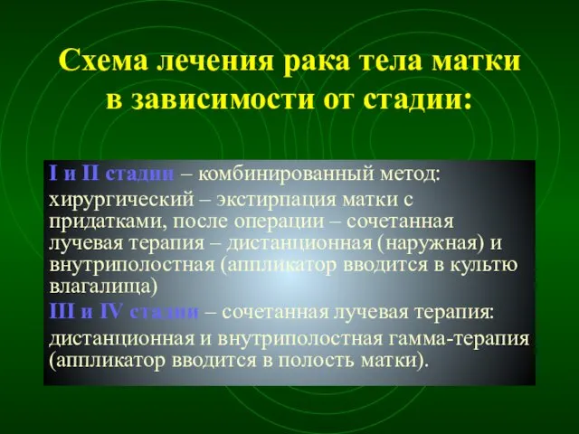 Схема лечения рака тела матки в зависимости от стадии: I и