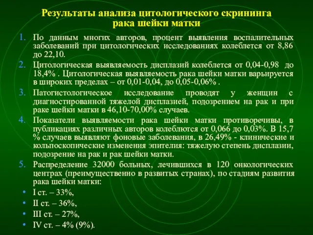 Результаты анализа цитологического скрининга рака шейки матки По данным многих авторов,