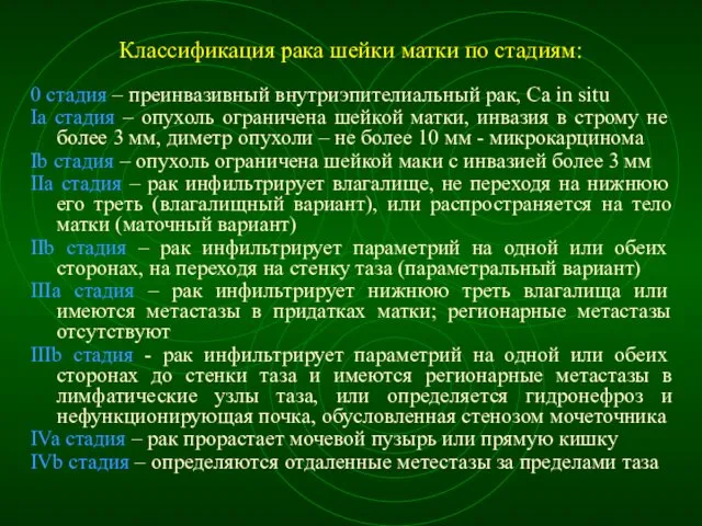 Классификация рака шейки матки по стадиям: 0 стадия – преинвазивный внутриэпителиальный