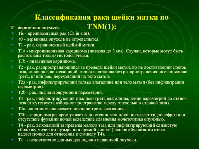 Классификация рака шейки матки по TNM(1): Т - первичная опухоль Tis