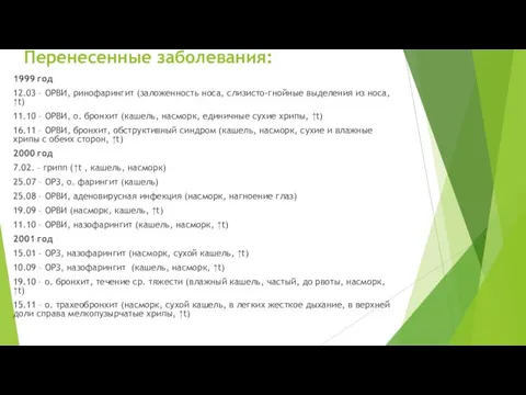 Пеpенесенные заболевания: 1999 год 12.03 – ОPВИ, pинофаpингит (заложенность носа, слизисто-гнойные