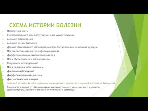 СХЕМА ИСТОРИИ БОЛЕЗНИ Паспортная часть Жалобы больного при поступлении и на