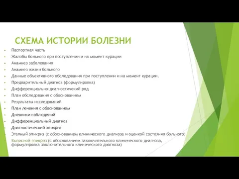 СХЕМА ИСТОРИИ БОЛЕЗНИ Паспортная часть Жалобы больного при поступлении и на