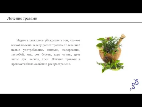 Лечение травами Издавна сложилось убеждение в том, что «от всякой болезни