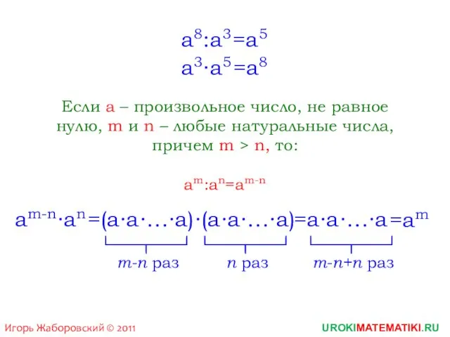 UROKIMATEMATIKI.RU Игорь Жаборовский © 2011 a8:a3 a3∙a5 =a8 =a5 Если a