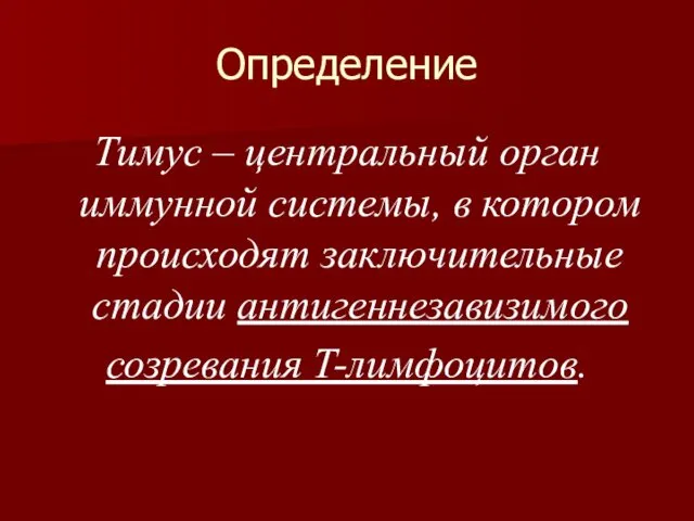 Определение Тимус – центральный орган иммунной системы, в котором происходят заключительные стадии антигеннезавизимого созревания T-лимфоцитов.