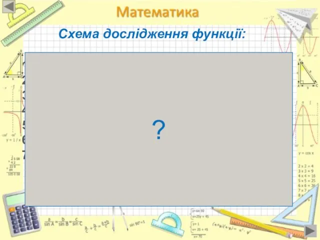 Схема дослідження функції: Область визначення функції. Область значень функції. Проміжки зростання,