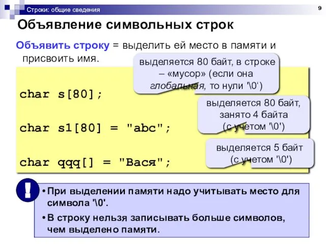 Строки: общие сведения Объявление символьных строк Объявить строку = выделить ей