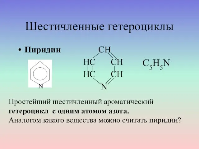 Шестичленные гетероциклы Пиридин CH HC CH HC CH N N Простейший