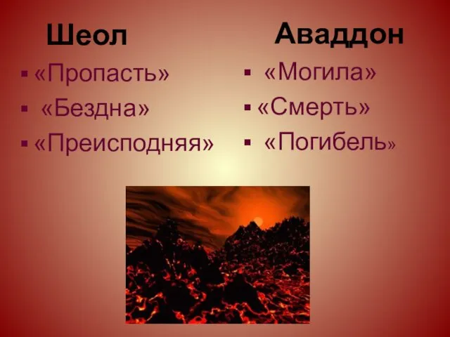 Шеол «Пропасть» «Бездна» «Преисподняя» Аваддон «Могила» «Смерть» «Погибель»