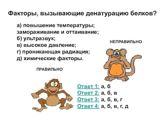 Факторы, вызывающие денатурацию белков? а) повышение температуры; замораживание и оттаивание; б)