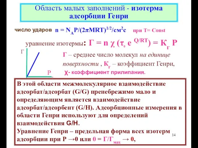 Область малых заполнений - изотерма адсорбции Генри n = NAP/(2πMRT)1/2/см2с при