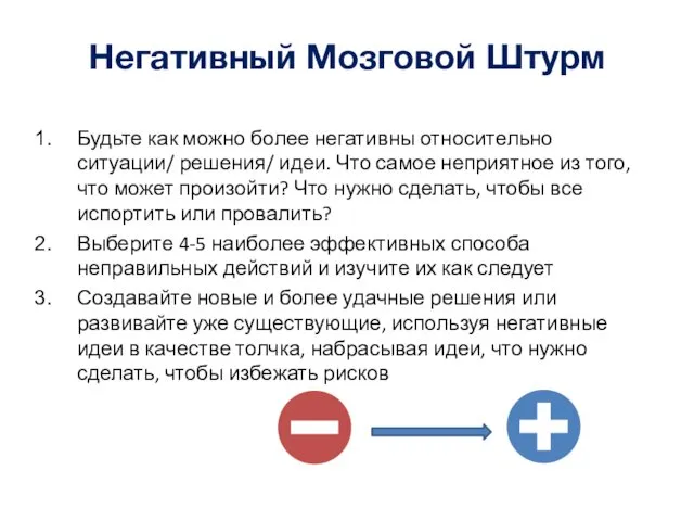 Негативный Мозговой Штурм Будьте как можно более негативны относительно ситуации/ решения/