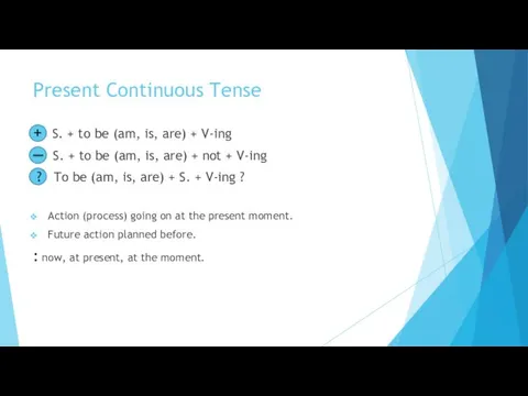 Present Continuous Tense + S. + to be (am, is, are)