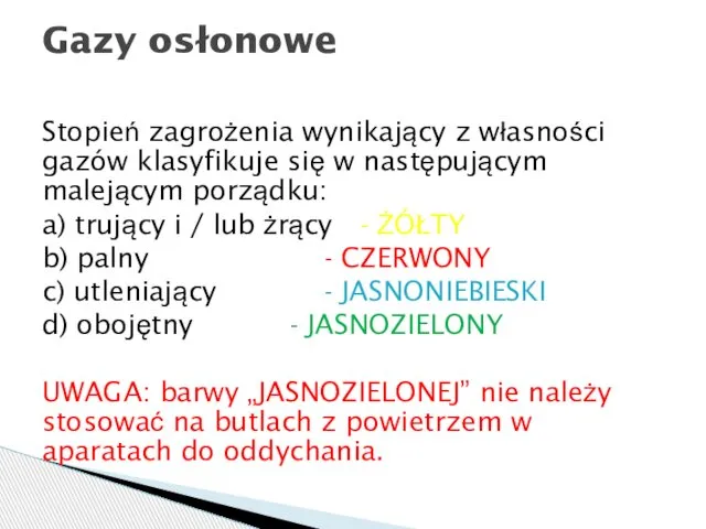 Gazy osłonowe Stopień zagrożenia wynikający z własności gazów klasyfikuje się w