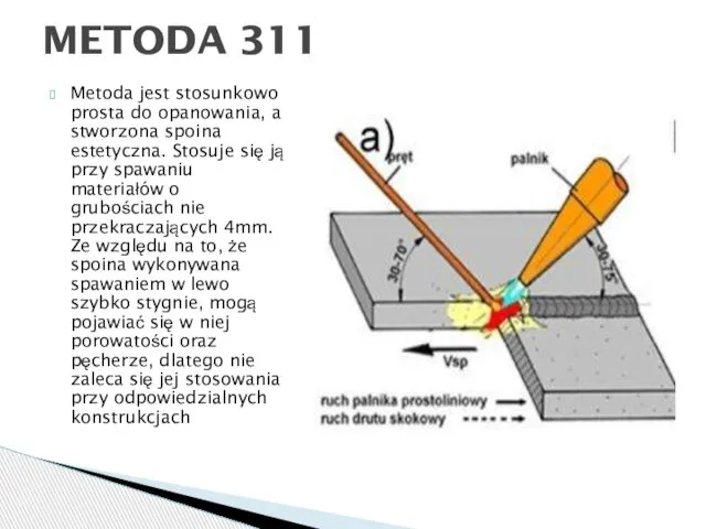 Metoda jest stosunkowo prosta do opanowania, a stworzona spoina estetyczna. Stosuje