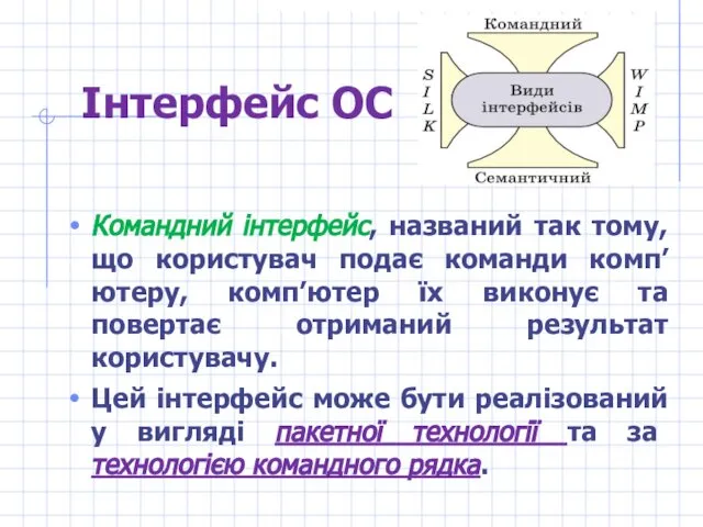 Інтерфейс ОС Командний інтерфейс, названий так тому, що користувач подає команди