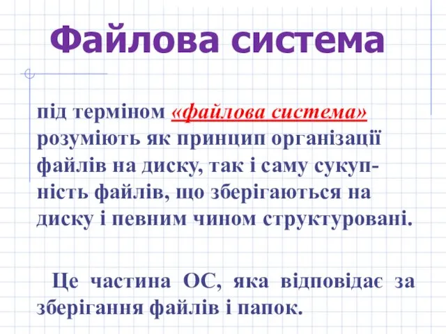 Файлова система під терміном «файлова система» розуміють як принцип організації файлів