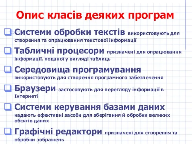 Опис класів деяких програм Системи обробки текстів використовують для створення та