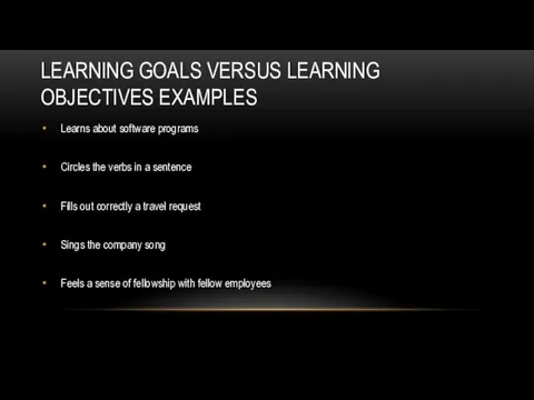 LEARNING GOALS VERSUS LEARNING OBJECTIVES EXAMPLES Learns about software programs Circles