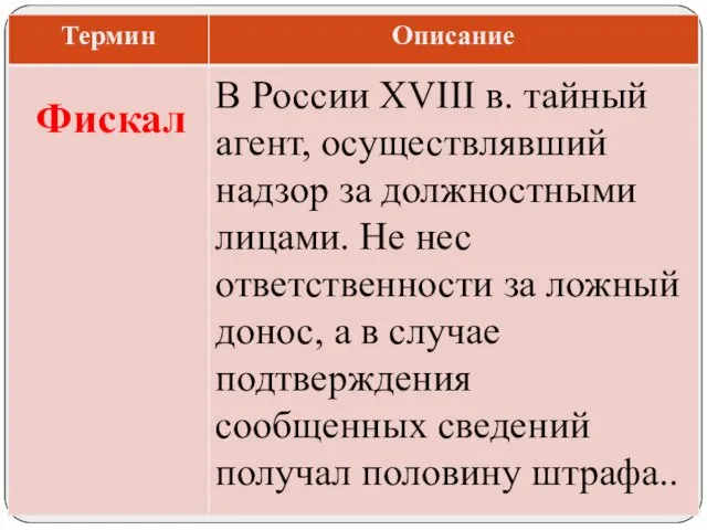 В России XVIII в. тайный агент, осуществлявший надзор за должностными лицами.