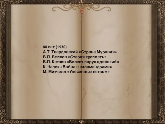 80 лет (1936) А.Т. Твардовский «Страна Муравия» В.П. Беляев «Старая крепость»