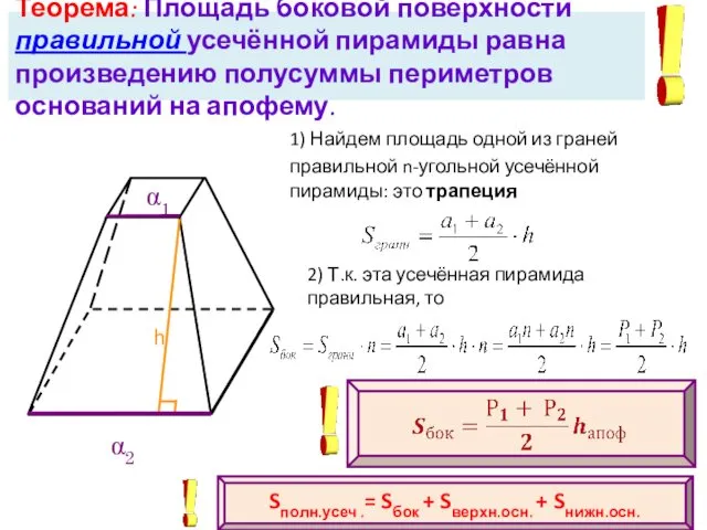 Теорема: Площадь боковой поверхности правильной усечённой пирамиды равна произведению полусуммы периметров