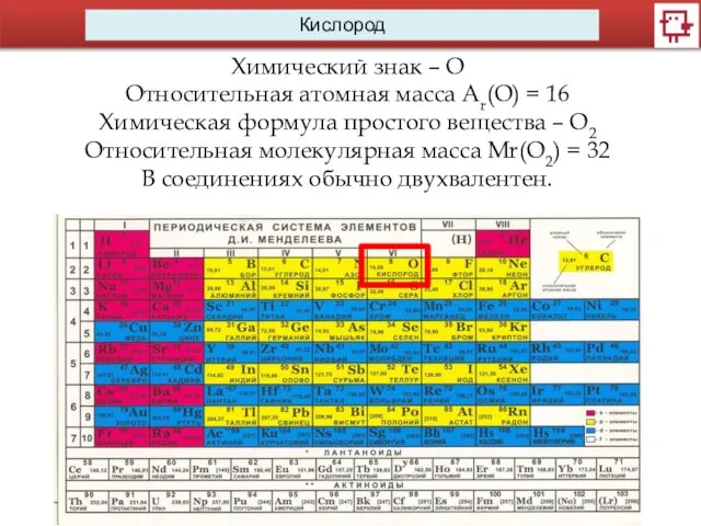 Кислород Химический знак – О Относительная атомная масса Ar(O) = 16