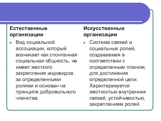 Естественные организации Вид социальной ассоциации, который возникает как спонтанная социальная общность,