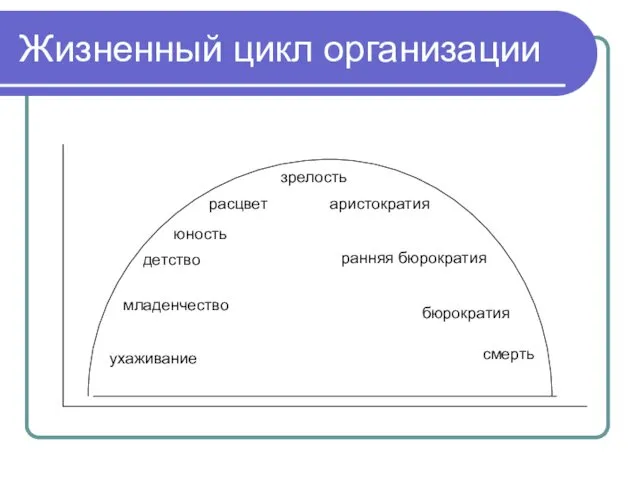 Жизненный цикл организации ухаживание младенчество детство юность расцвет зрелость аристократия ранняя бюрократия бюрократия смерть