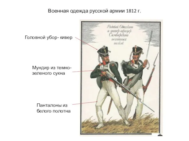 Военная одежда русской армии 1812 г. Мундир из темно- зеленого сукна