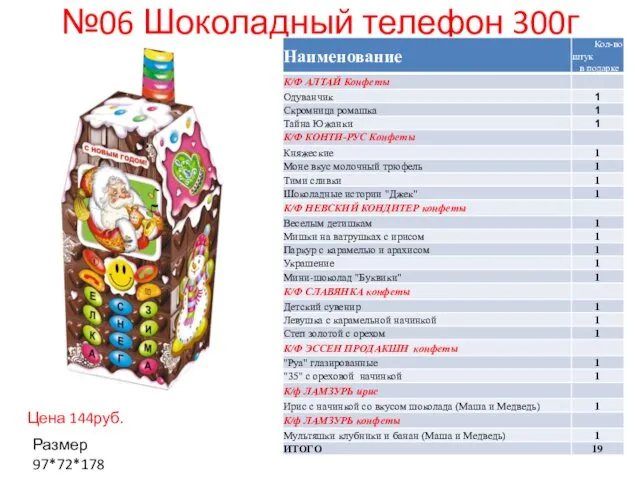 №06 Шоколадный телефон 300г Цена 144руб. Размер 97*72*178