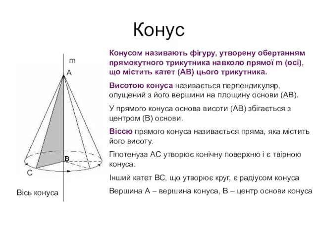 Конус Конусом називають фігуру, утворену обертанням прямокутного трикутника навколо прямої m